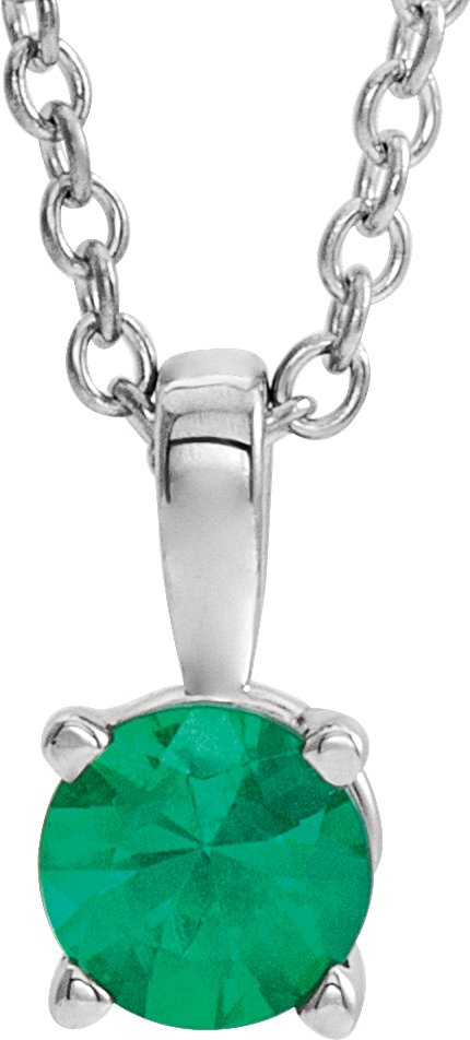 14K White 4 mm Round Emerald Birthstone 16-18" Necklace