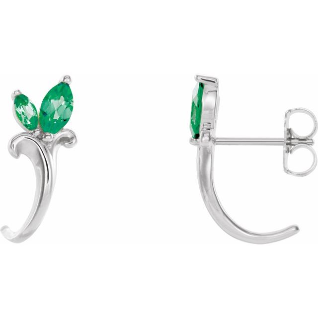 14K White Lab-Grown Emerald Floral J-Hoop Earrings
