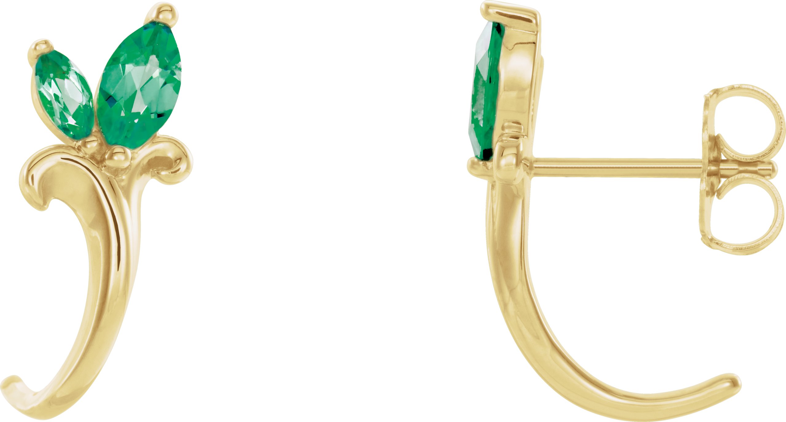 14K Yellow Lab-Grown Emerald Floral J-Hoop Earrings