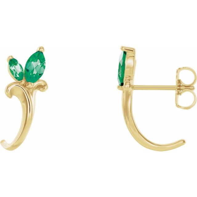 14K Yellow Lab-Grown Emerald Floral J-Hoop Earrings