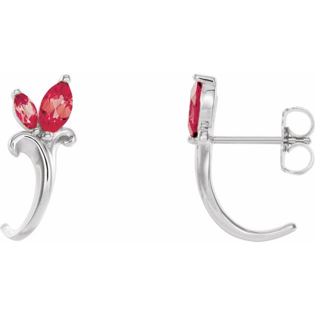 Sterling Silver Natural Ruby Floral J-Hoop Earrings