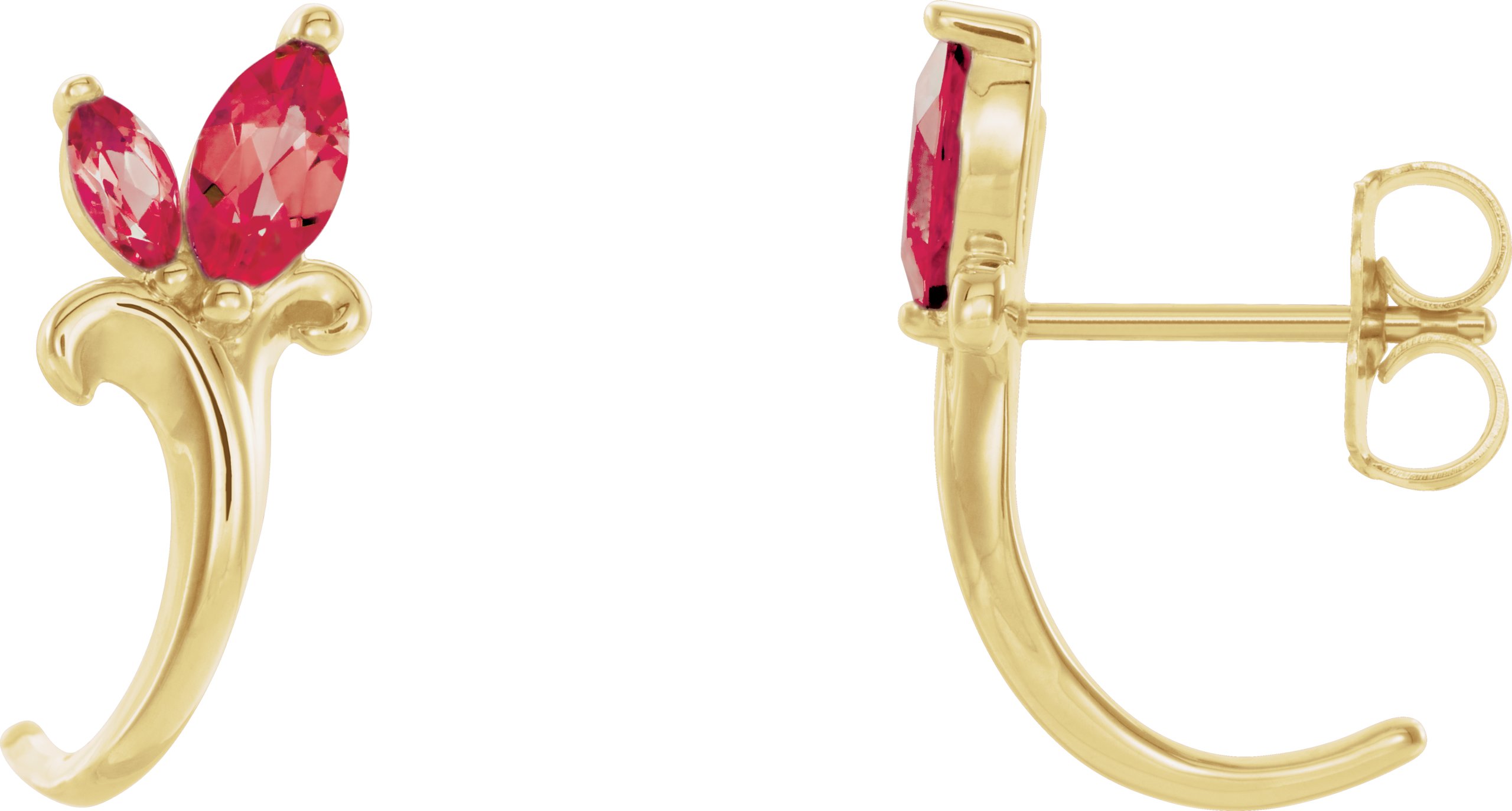 14K Yellow Lab-Grown Ruby Floral J-Hoop Earrings