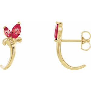 14K Yellow Lab-Grown Ruby Floral J-Hoop Earrings