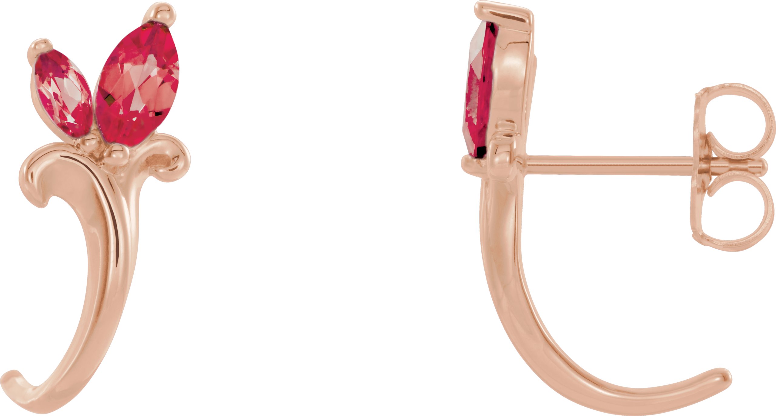 14K Rose Natural Ruby Floral J-Hoop Earrings