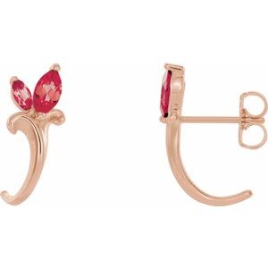 14K Rose Natural Ruby Floral J-Hoop Earrings