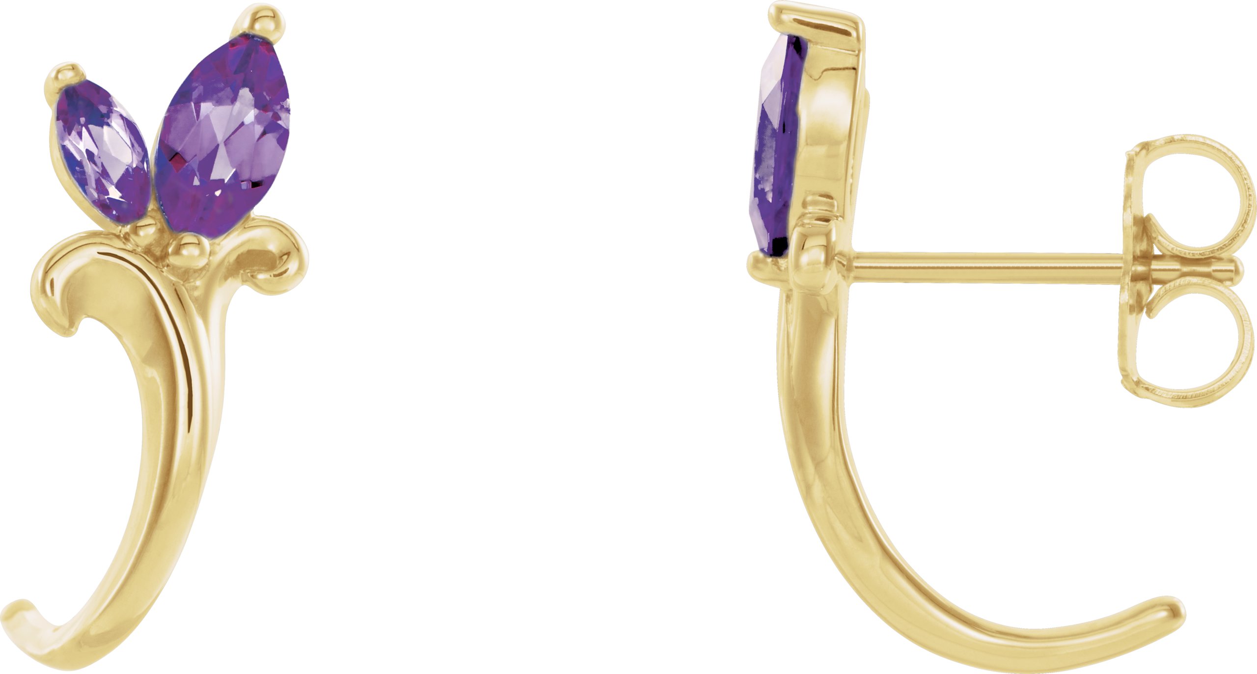 14K Yellow Natural Amethyst Floral J-Hoop Earrings