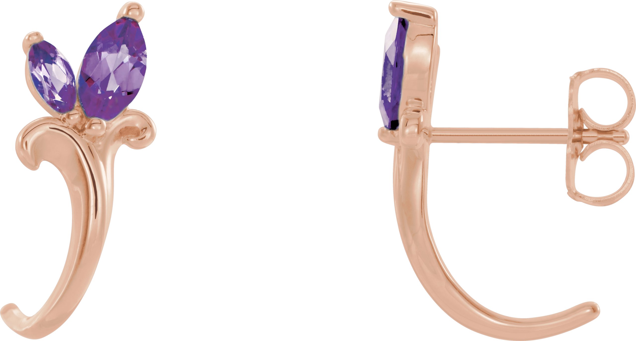 14K Rose Natural Amethyst Floral J-Hoop Earrings