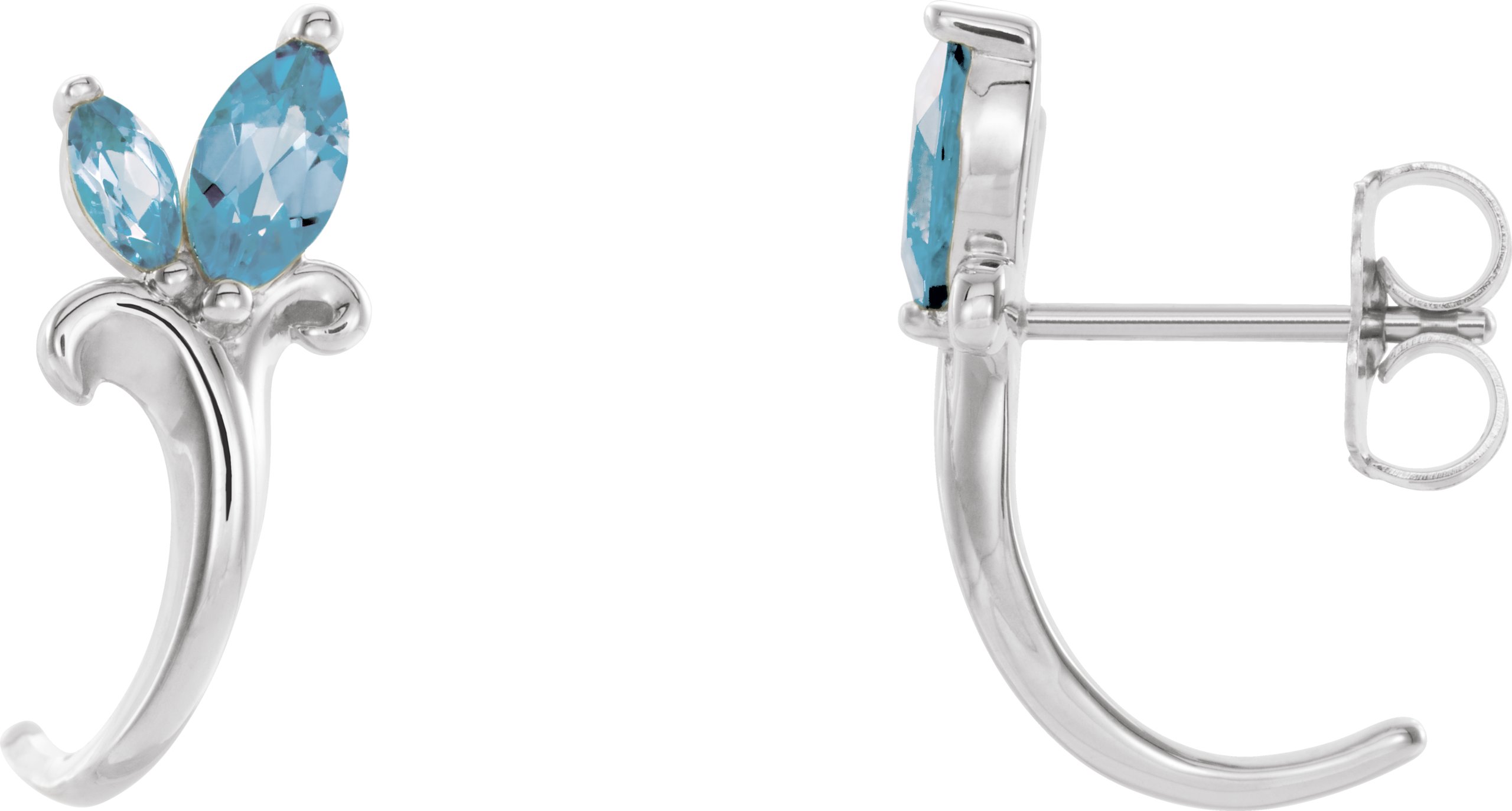 14K White Aquamarine Floral-Inspired J-Hoop Earrings      