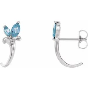 14K White Aquamarine Floral-Inspired J-Hoop Earrings