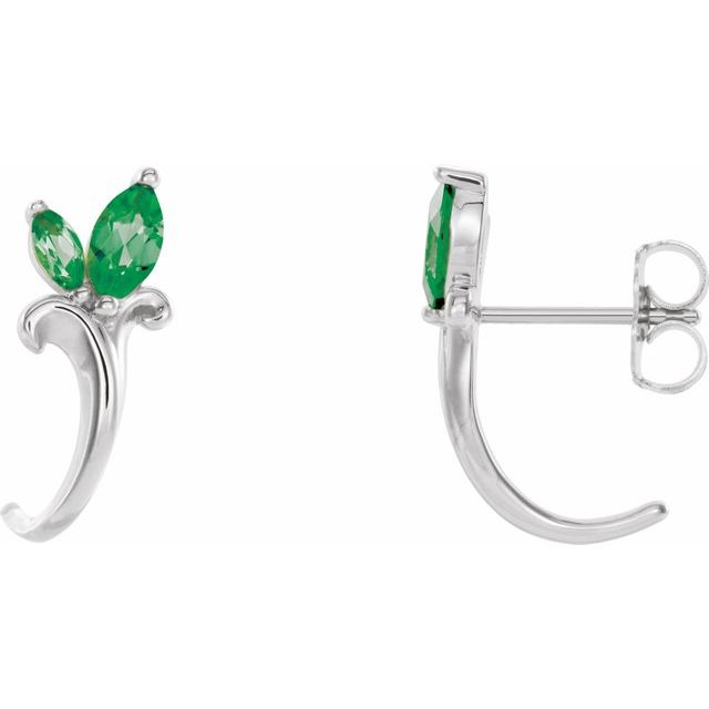 Platinum Natural Emerald Floral J-Hoop Earrings