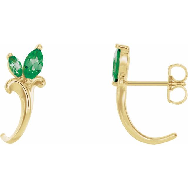 14K Yellow Natural Emerald Floral J-Hoop Earrings