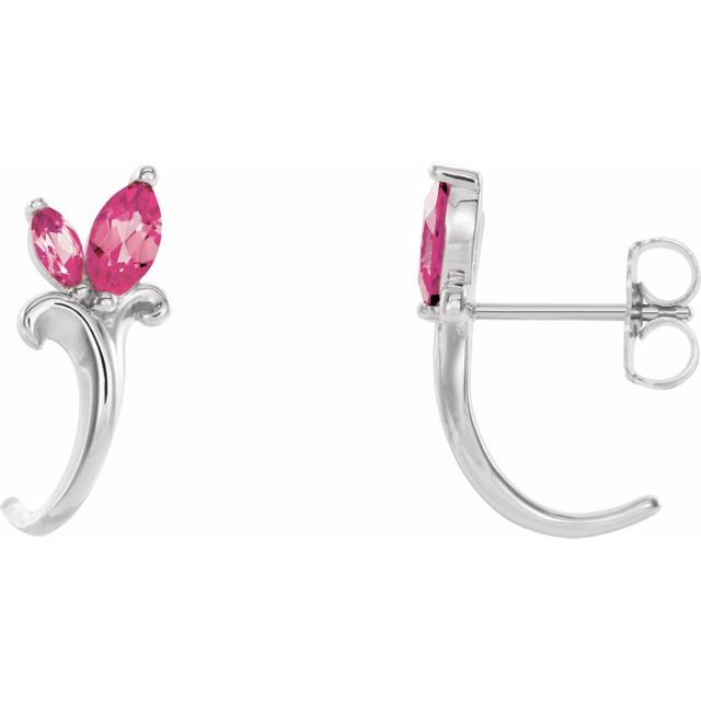 14K White Natural Pink Tourmaline Floral J-Hoop Earrings