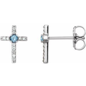14K White 2 mm Natural Aquamarine & .05 CTW Natural Diamond Cross Earrings