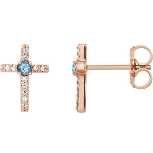 14K Rose Natural Aquamarine & .05 CTW Natural Diamond Cross Earrings