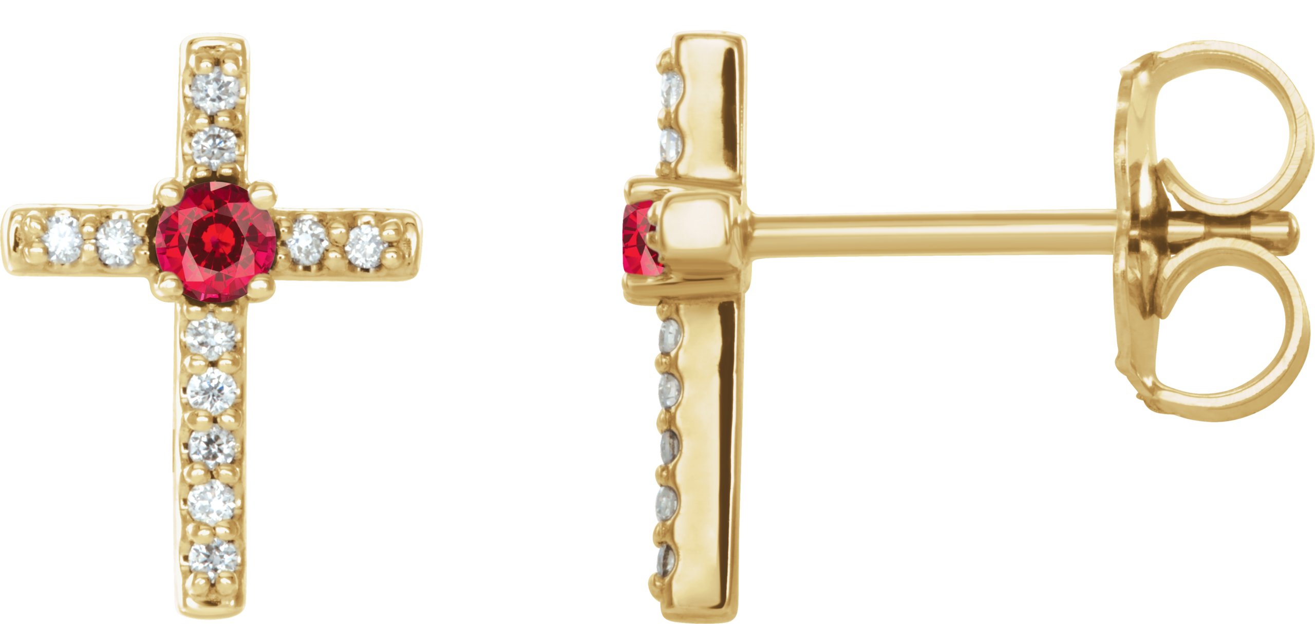 14K Yellow Lab-Created Ruby & .05 CTW Diamond Cross Earrings