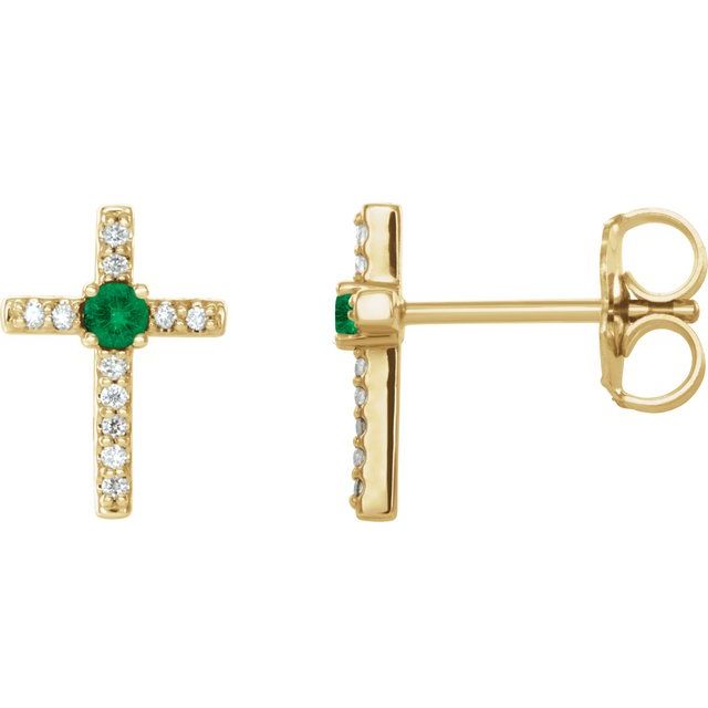 14K Yellow Lab-Grown Emerald & .05 CTW Natural Diamond Cross Earrings