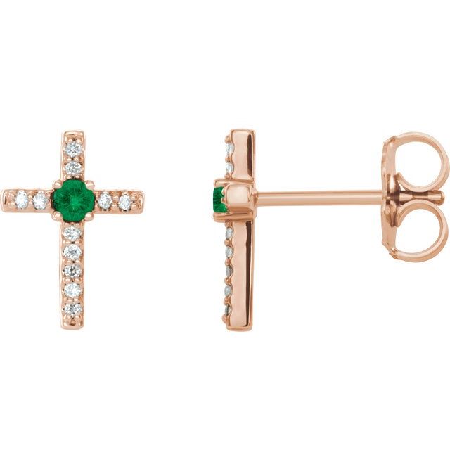 14K Rose Lab-Grown Emerald & .05 CTW Natural Diamond Cross Earrings