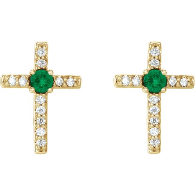 14K Yellow Lab-Grown Emerald & .05 CTW Natural Diamond Cross Earrings