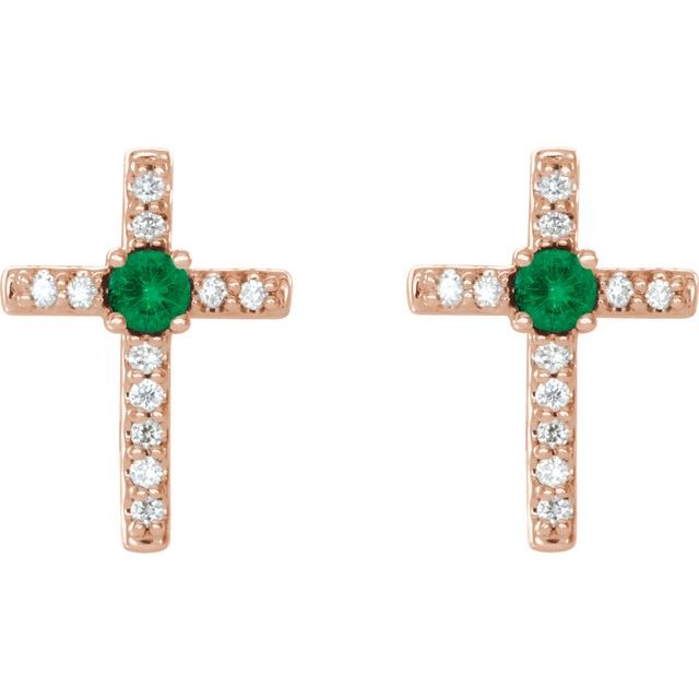 14K Rose Natural Emerald & .05 CTW Natural Diamond Cross Earrings