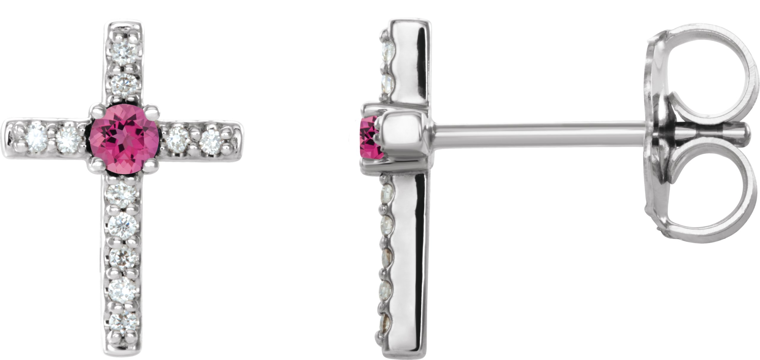 14K White 2 mm Natural Pink Tourmaline & .05 CTW Natural Diamond Cross Earrings