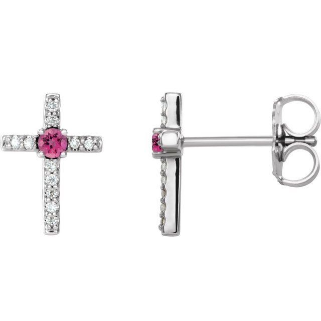 14K White 2 mm Natural Pink Tourmaline & .05 CTW Natural Diamond Cross Earrings