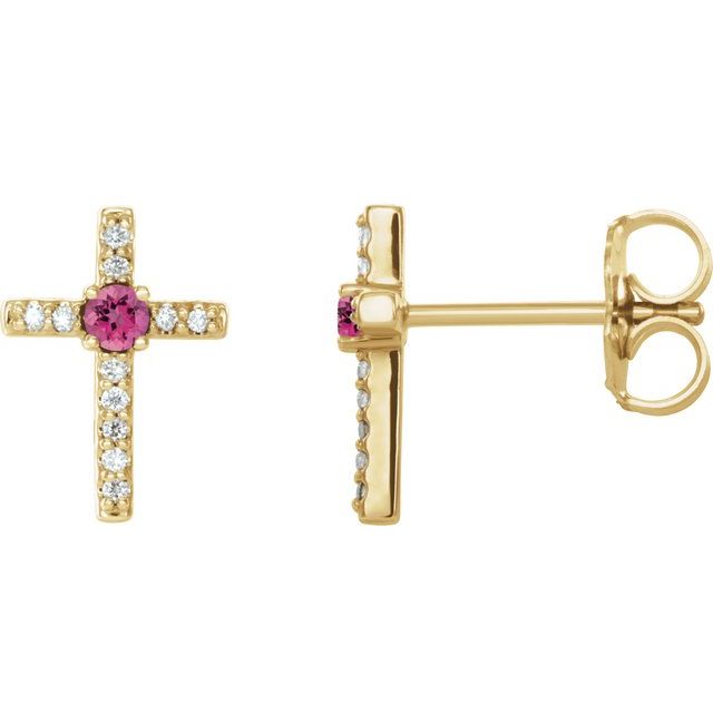 14K Yellow Natural Pink Tourmaline & .05 CTW Natural Diamond Cross Earrings