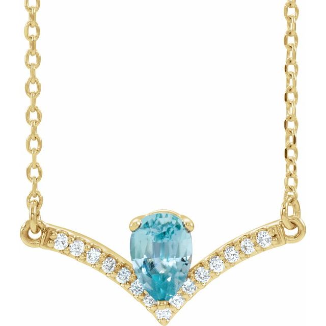 14K Yellow Natural Blue Zircon & .06 CTW Natural Diamond 16" Necklace