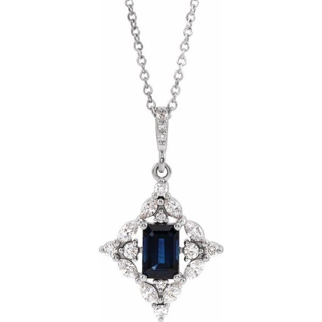 14K White Natural Blue Sapphire & 1/3 CTW Natural Diamond 16-18" Necklace