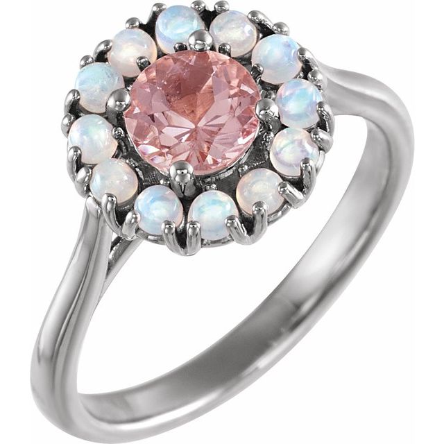 Sterling Silver Natural Pink Morganite & Natural Ethiopian Opal Halo-Style Ring