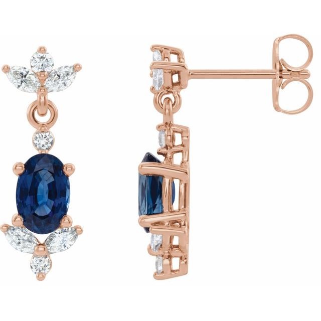 14K Rose Natural Blue Sapphire & 1/3 CTW Natural Diamond Earrings