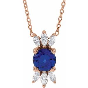 14K Rose Natural Blue Sapphire & 1/5 CTW Natural Diamond 16-18" Necklace