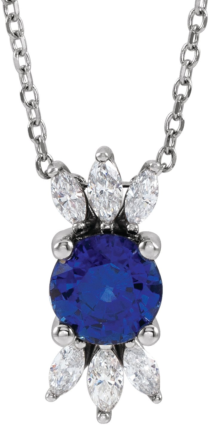 14K White Natural Blue Sapphire & 1/5 CTW Natural Diamond 16-18" Necklace