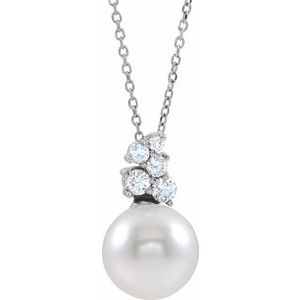 14K White Cultured White Freshwater Pearl & 1/4 CTW Natural Diamond 16-18" Necklace