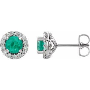 14K White 4 mm Natural Emerald & 1/8 CTW Natural Diamond Earrings