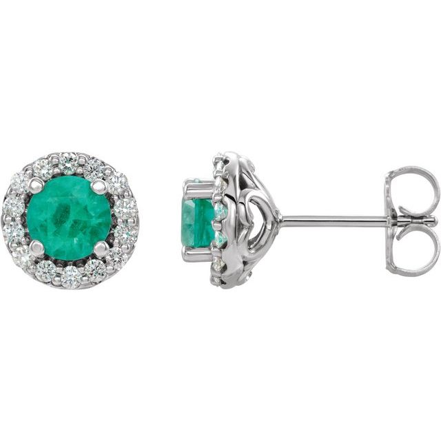 14K White 4 mm Natural Emerald & 1/8 CTW Natural Diamond Earrings