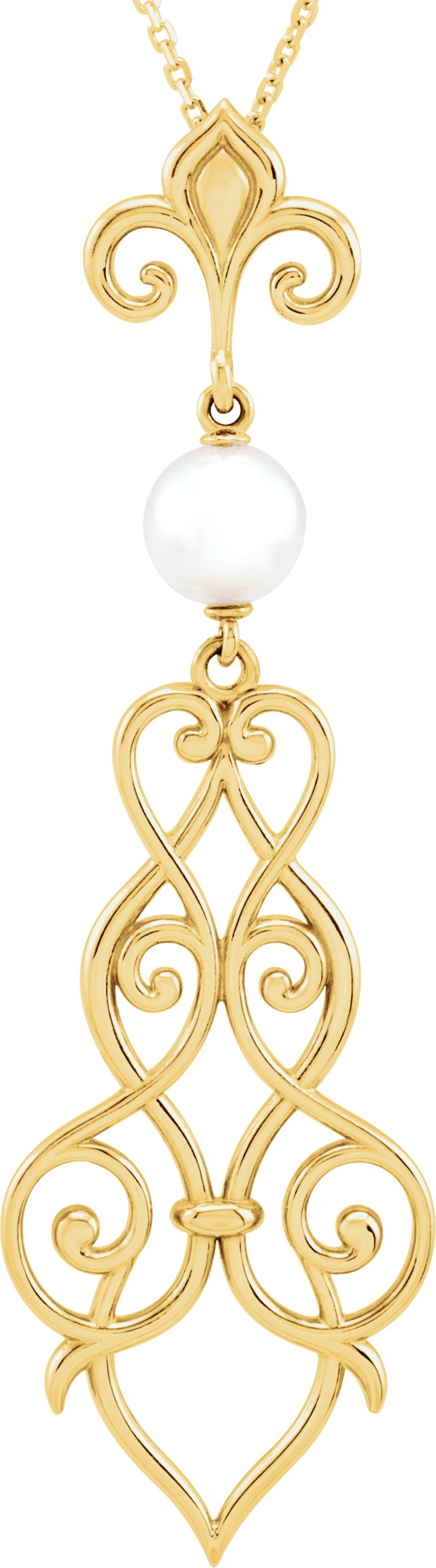 14K Yellow Cultured Akoya Pearl Fleur de lis Scroll 18 inch Necklace Ref. 4945950