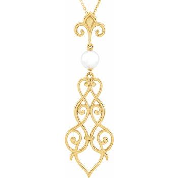 14K Yellow Cultured Akoya Pearl Fleur de lis Scroll 18 inch Necklace Ref. 4945950
