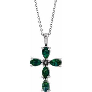 14K White Cabochon Created Mosaic Opal Cross 16-18" Necklace