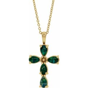 14K Yellow Cabochon Created Mosaic Opal Cross 16-18" Necklace