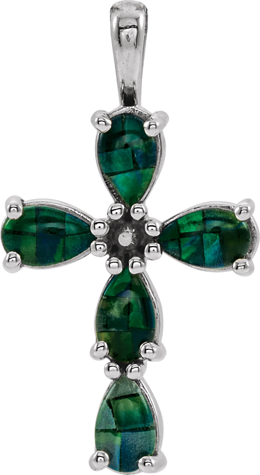 14K White Cabochon Created Mosaic Opal Cross Pendant