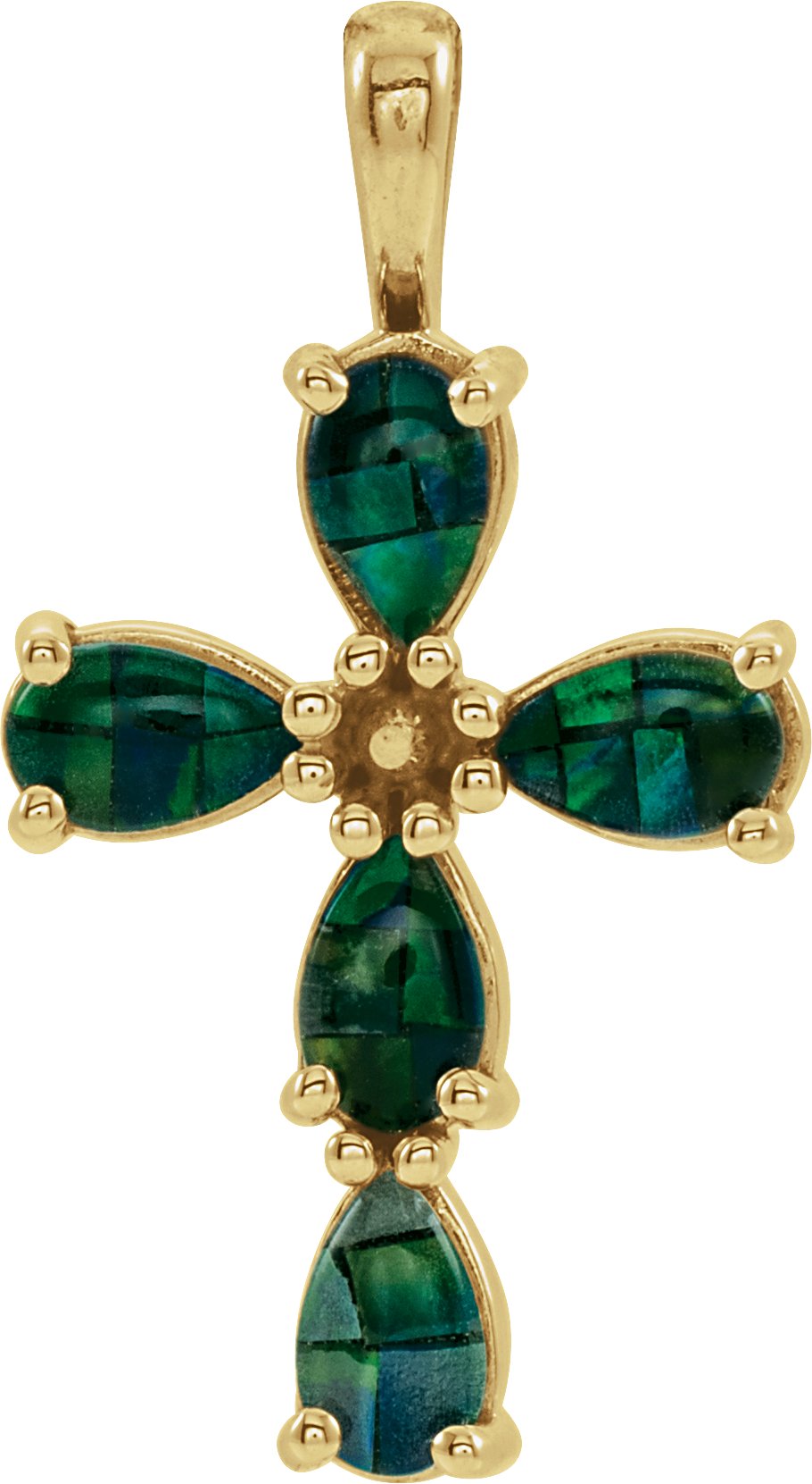 14K Yellow Cabochon Created Mosaic Opal Cross Pendant