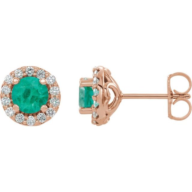 14K Rose 4 mm Lab-Grown Emerald & 1/8 CTW Natural Diamond Earrings