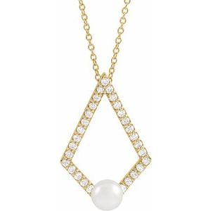 14K Yellow Freshwater Cultured Pearl & 1/4 CTW Diamond Geometric 16-18" Necklace