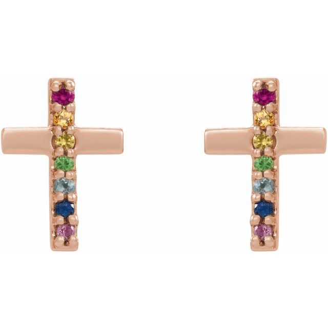 14K Rose Natural Multi-Gemstone Cross Earrings