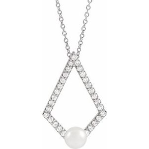 14K White Cultured White Freshwater Pearl & 1/4 CTW Natural Diamond Geometric 16-18" Necklace