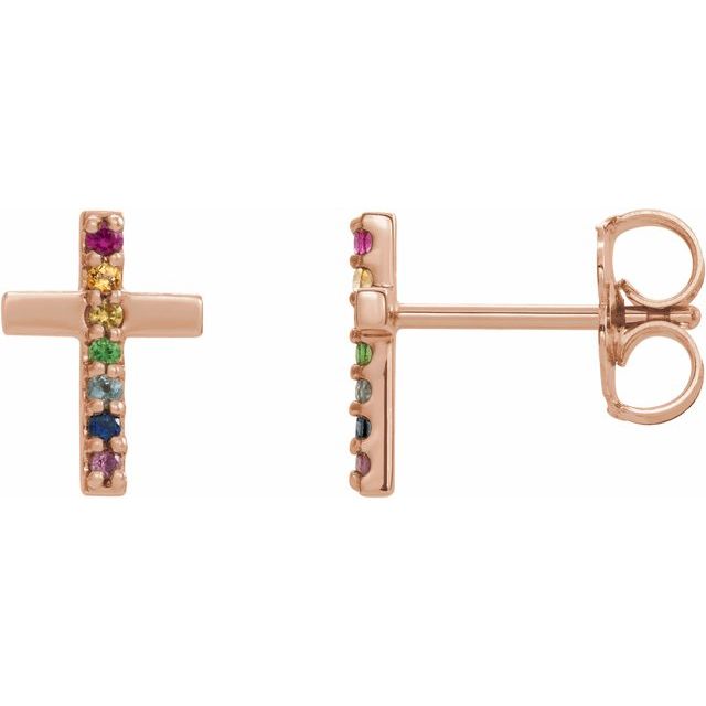 14K Rose Natural Multi-Gemstone Cross Earrings