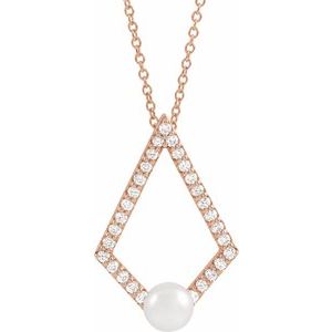 14K Rose Freshwater Cultured Pearl & 1/4 CTW Diamond Geometric 16-18" Necklace