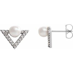14K White Cultured White Freshwater Pearl & 1/5 CTW Natural Diamond Earrings