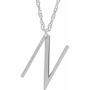 14K White Block Initial N 16-18" Necklace with Brush Finish