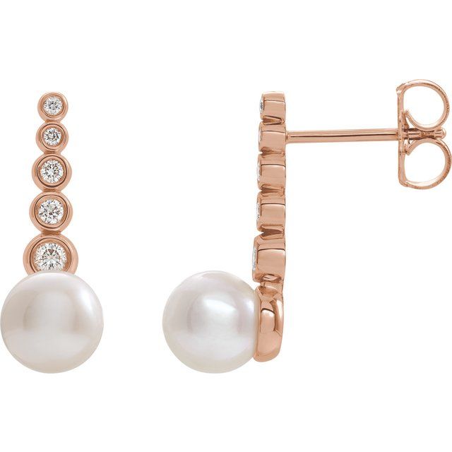 14K Rose Cultured White Freshwater Pearl & 1/8 CTW Natural Diamond Earrings